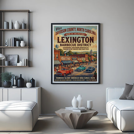 Lexington North Carolina Barbecue District vintage travel poster with red truck.