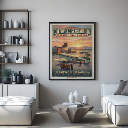 Greenville-Spartanburg International Airport retro travel poster with airplane and sunset.