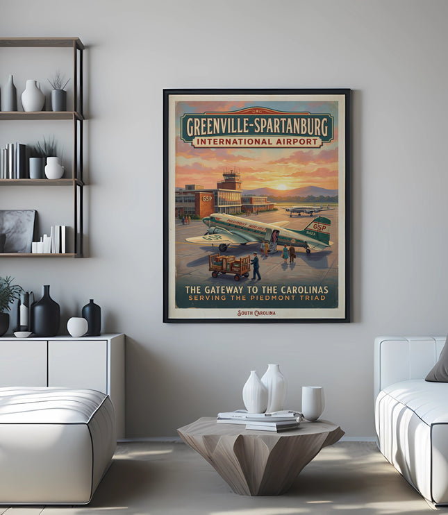 Greenville-Spartanburg International Airport retro travel poster with airplane and sunset.