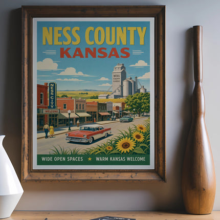 Retro Ness County Kansas travel poster with cars, buildings, and sunflowers.