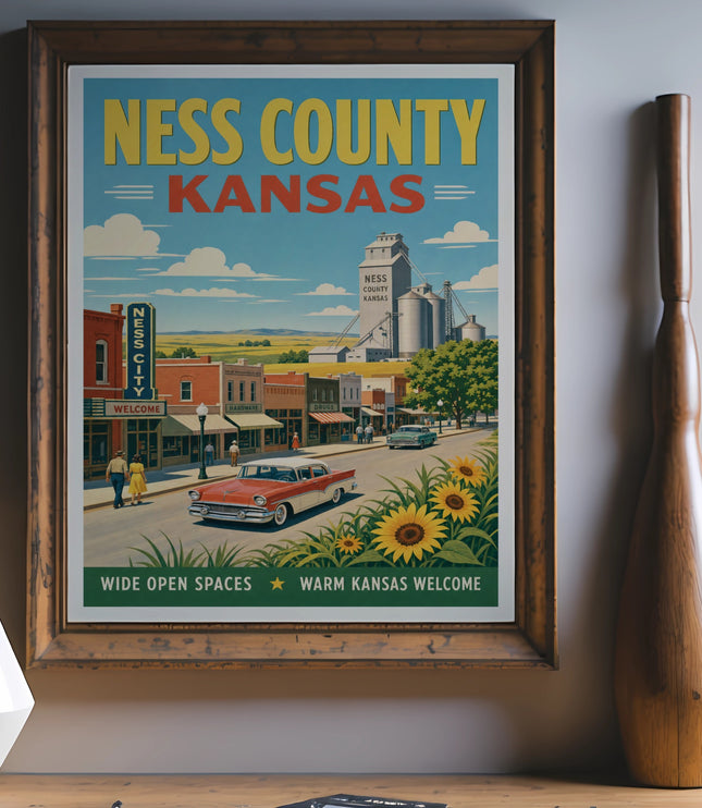 Retro Ness County Kansas travel poster with cars, buildings, and sunflowers.