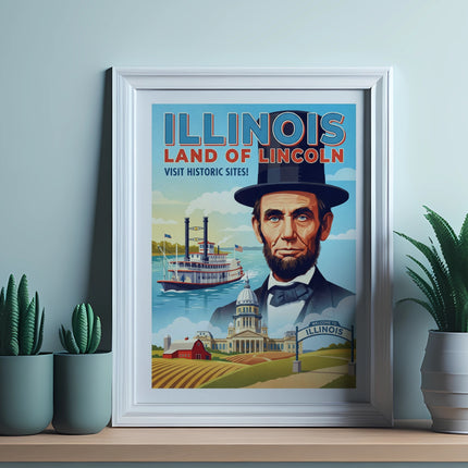 Vintage Illinois poster featuring Abraham Lincoln, steamboat, and state capitol building.