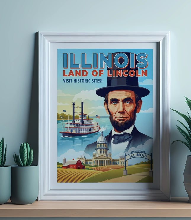 Vintage Illinois poster featuring Abraham Lincoln, steamboat, and state capitol building.