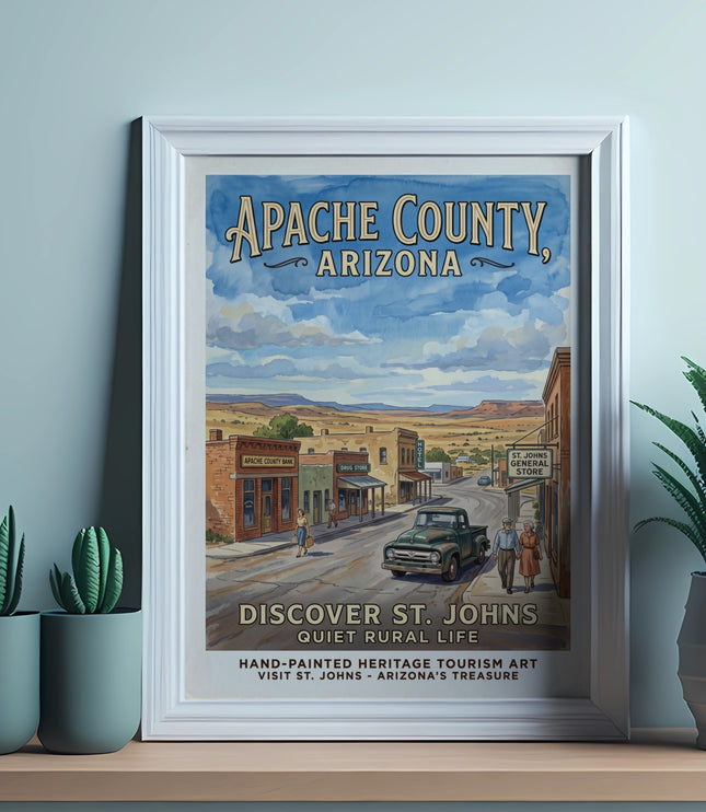 Framed Apache County, Arizona tourism art with town scene and text "Discover St. Johns".