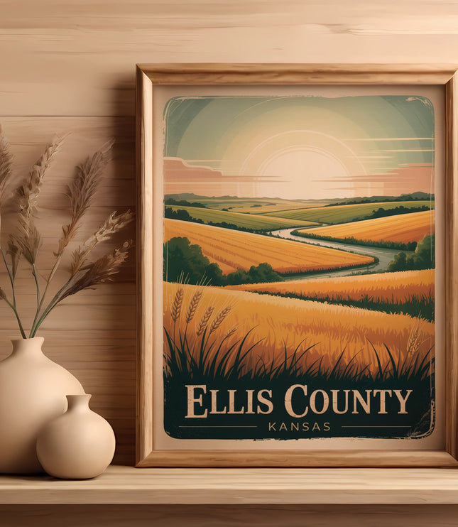 Framed artwork of Ellis, Kansas countryside with golden fields and sun.