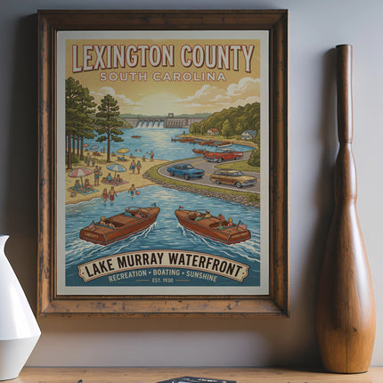 Lexington County South Carolina Lake Murray Waterfront poster with recreation, boating, and sunshine.
