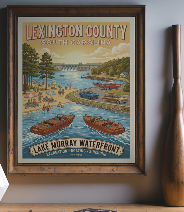Lexington County South Carolina Lake Murray Waterfront poster with recreation, boating, and sunshine.