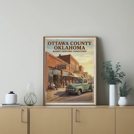 Retro poster of Ottawa County, Oklahoma historic downtown Miami with vintage truck.
