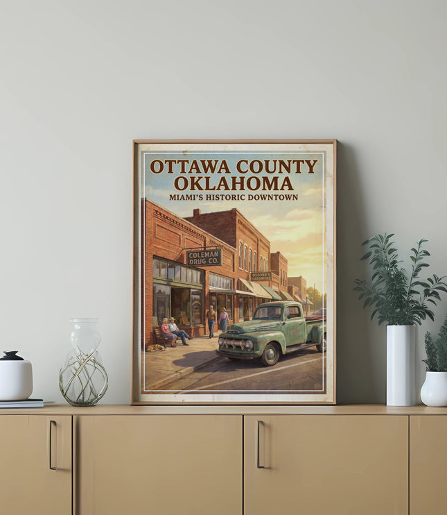 Retro poster of Ottawa County, Oklahoma historic downtown Miami with vintage truck.