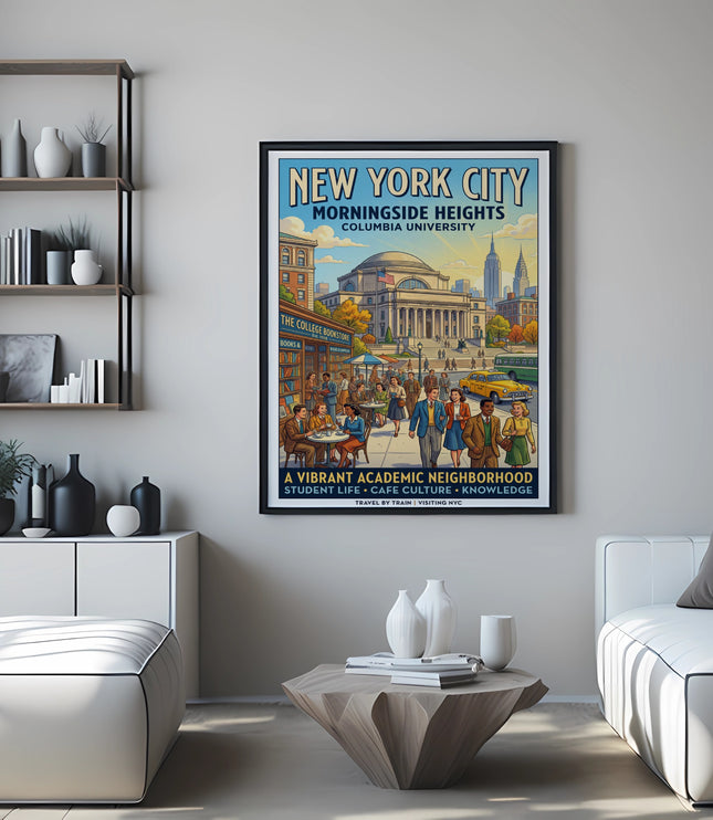 New York City Morningside Heights Columbia University vintage travel poster.