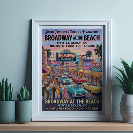 Vintage Broadway at the Beach poster with cars and people, Myrtle Beach, SC.
