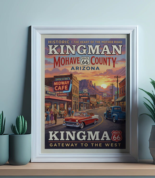 Kingman, Arizona Route 66 poster with vintage cars, Midway Cafe, and desert scenery.