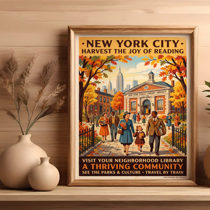 New York City library poster: families walk past autumn trees.