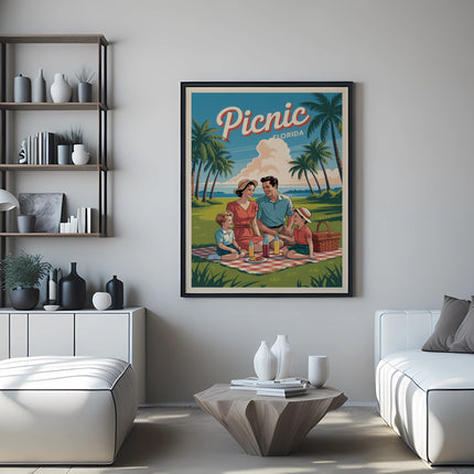Vintage Florida picnic poster with family enjoying a meal outdoors.
