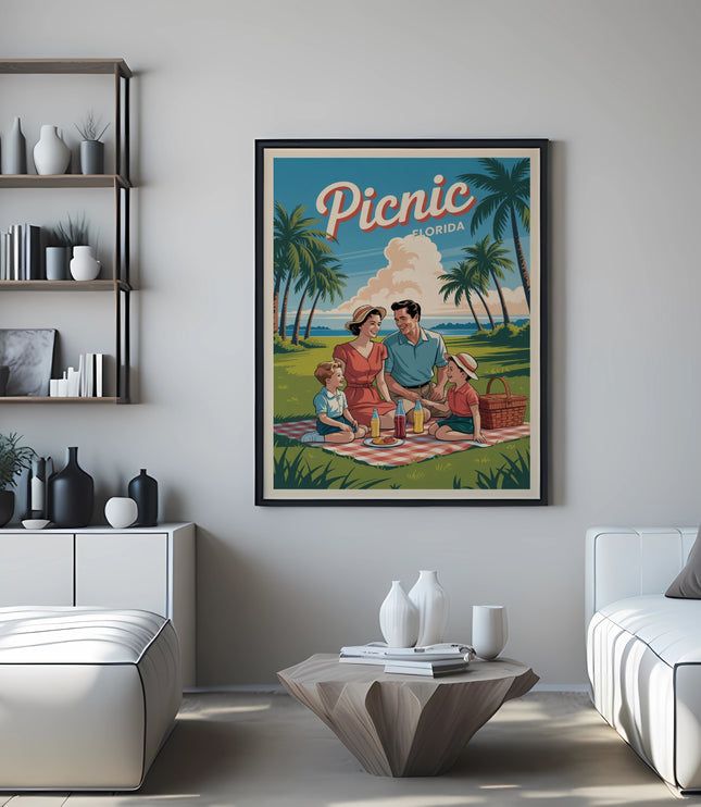 Vintage Florida picnic poster with family enjoying a meal outdoors.
