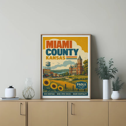Miami County Kansas Paola poster with sunflowers and buildings.