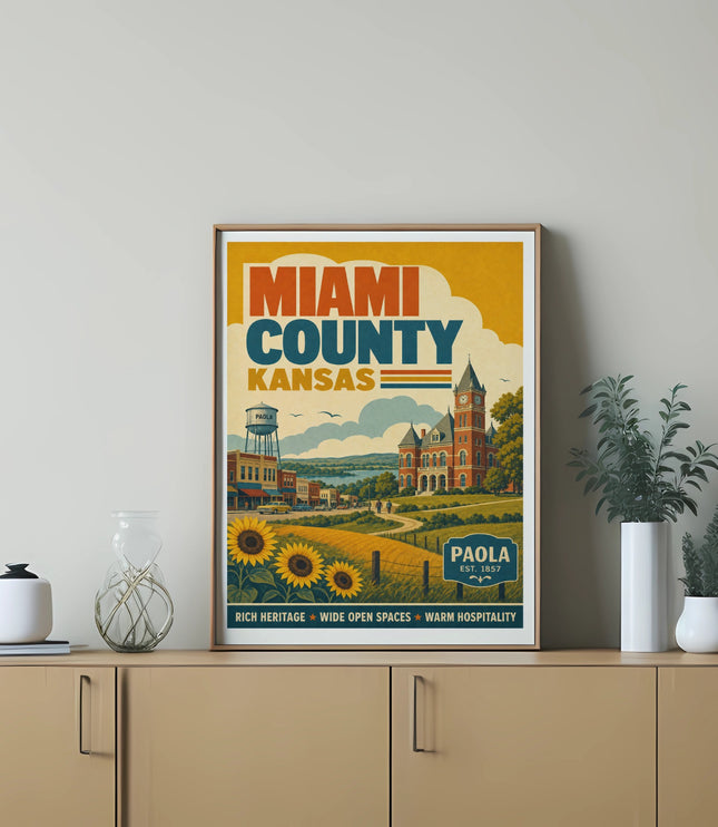 Miami County Kansas Paola poster with sunflowers and buildings.