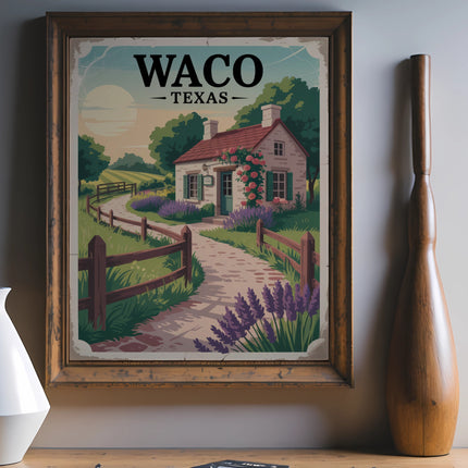 Waco, Texas vintage travel poster with a cottage, path, and lavender.