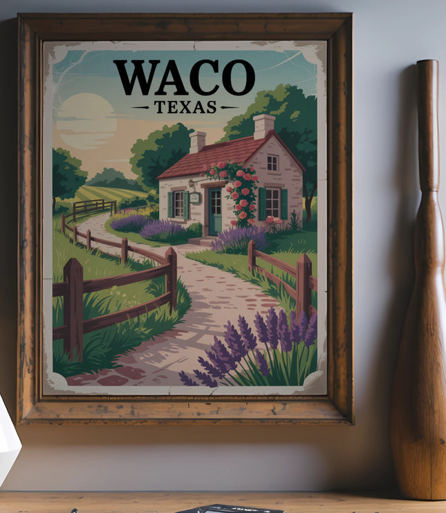 Waco, Texas vintage travel poster with a cottage, path, and lavender.