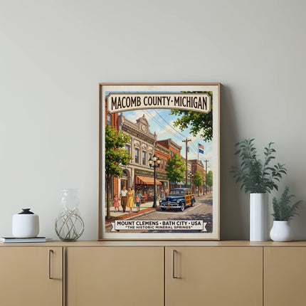 Vintage poster of Mount Clemens, Michigan street scene with "The Clements Cafe" and "Macomb County Bank".
