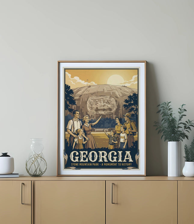 Poster of Stone Mountain Park, Georgia, with a family viewing the monument.