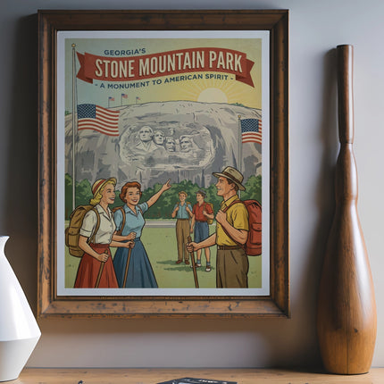 Vintage Georgia's Stone Mountain Park poster with people and monument.