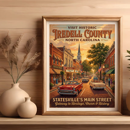 Vintage poster of Statesville's Main Street, Iredell County, North Carolina with classic cars.
