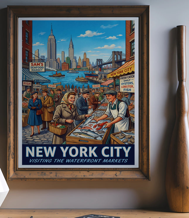 Vintage New York City waterfront market scene with Empire State Building and Brooklyn Bridge.