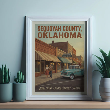 Sequoyah County, Oklahoma poster featuring a vintage truck and Sallisaw Main Street charm.