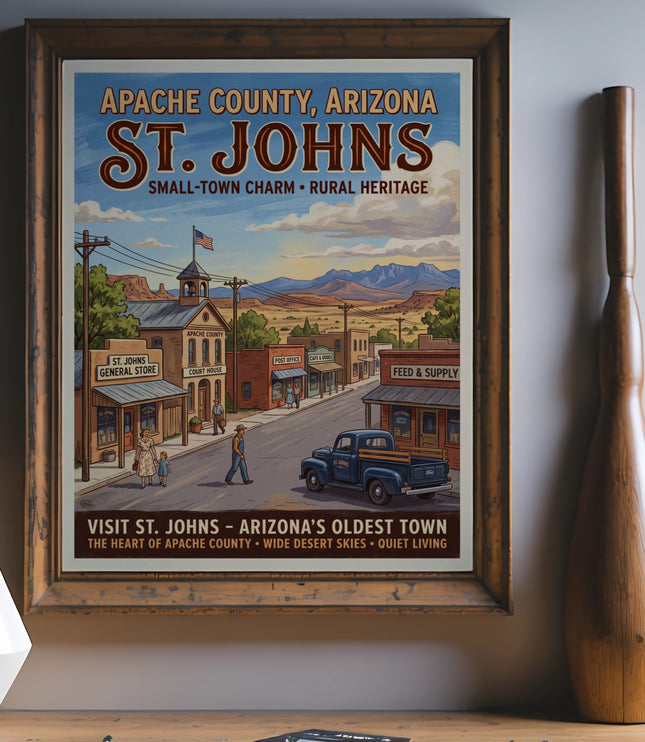 Vintage St. Johns, Arizona poster showing a desert town street scene with a pickup truck.