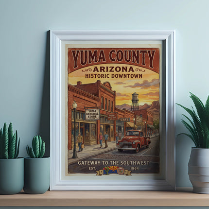 Poster for Yuma County Historic Downtown Arizona featuring vintage architecture and a red truck.