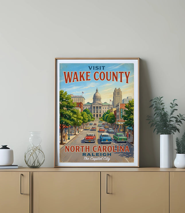 Retro poster of downtown Raleigh, North Carolina with the Capitol building.