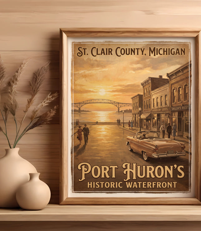 Retro poster of Port Huron's Historic Waterfront in St. Clair County, Michigan.