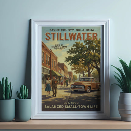 Stillwater, Oklahoma vintage travel poster with text "Balanced Small-Town Life".