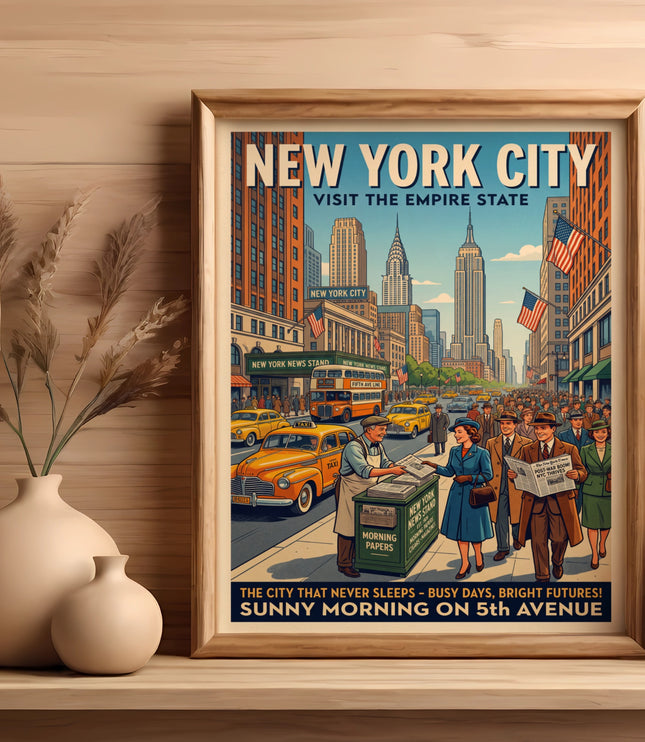 New York City skyline poster with vintage cars, people, and text "Sunny Morning on 5th Avenue."