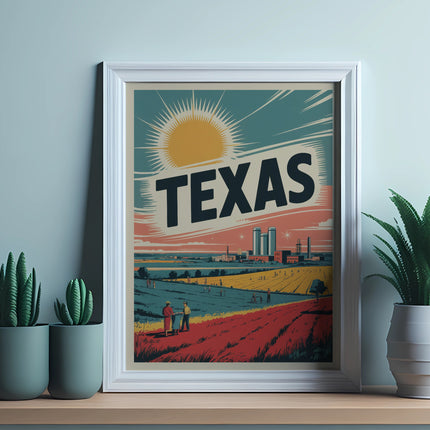 Retro Texas landscape illustration with text, featuring a sun, fields, and buildings.