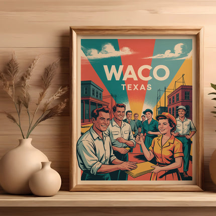 Vintage poster for Waco, Texas, featuring smiling people in retro attire.
