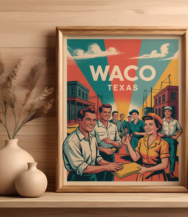 Vintage poster for Waco, Texas, featuring smiling people in retro attire.