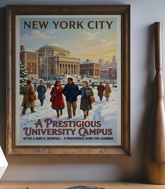 New York City art poster with a university campus in winter and text.