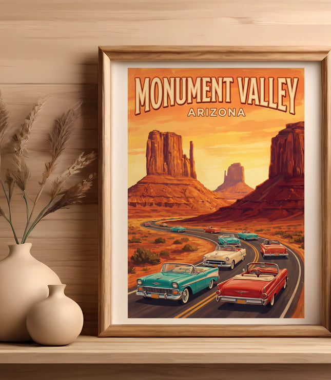 Monument Valley Arizona vintage travel poster with classic cars driving a winding road.