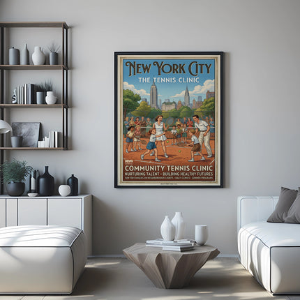 New York City Tennis Clinic poster with children playing tennis.