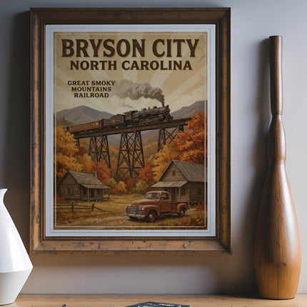 Bryson City, North Carolina Great Smoky Mountains Railroad vintage poster.