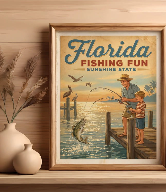 Florida fishing fun poster with father and son catching a fish on a pier.