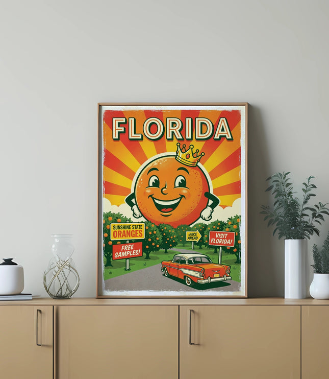 Vintage Florida oranges poster with cartoon orange character driving classic car.