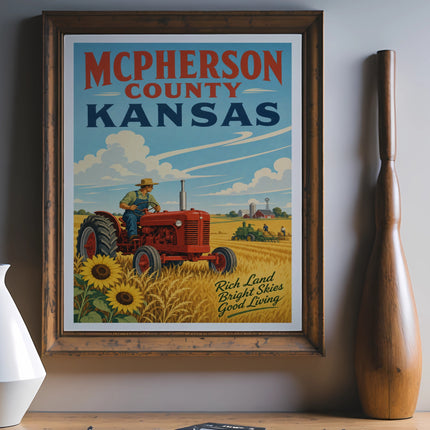 McPherson County Kansas poster with tractor, wheat field, and sunflowers.