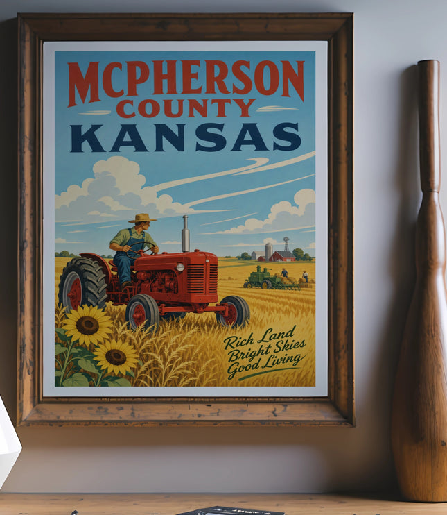 McPherson County Kansas poster with tractor, wheat field, and sunflowers.