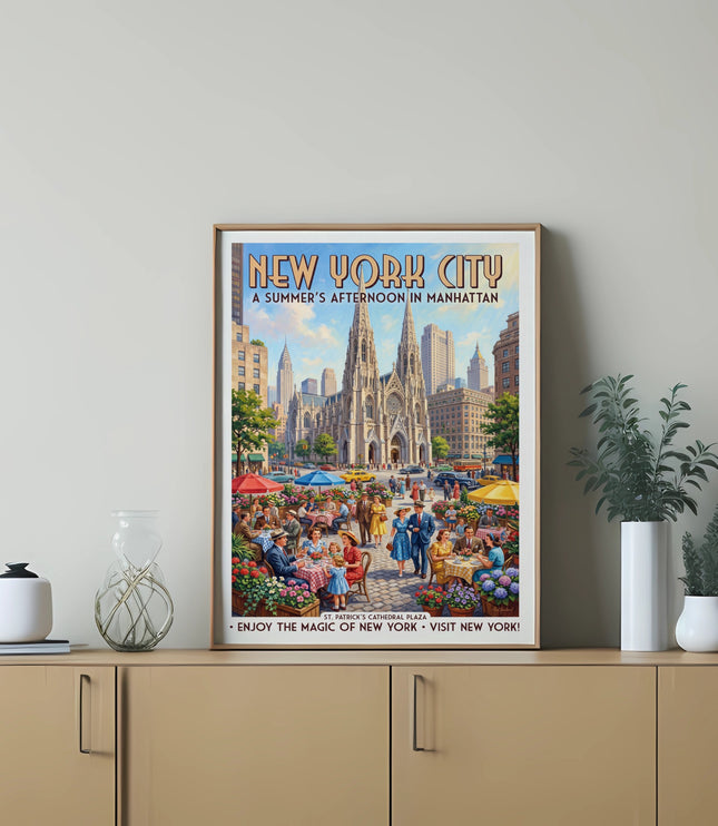 New York City poster depicting St. Patrick's Cathedral plaza with people dining outdoors.