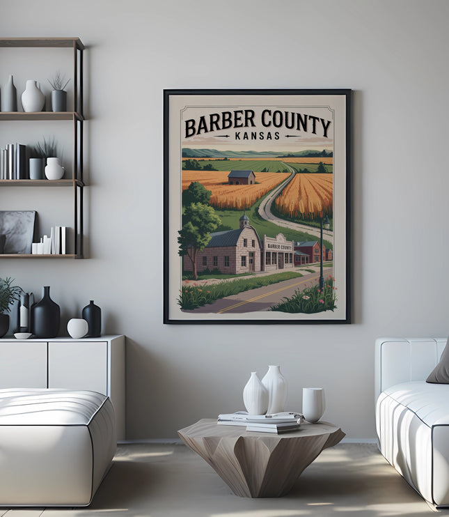 Framed "Barber County Kansas" art print depicting a rural landscape.