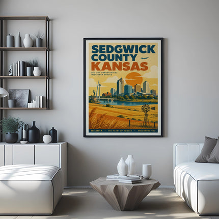 Sedgwick County Kansas travel poster with Wichita skyline and text.