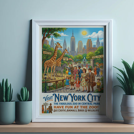 New York City Central Park Zoo poster with giraffes, people, and zoo text.